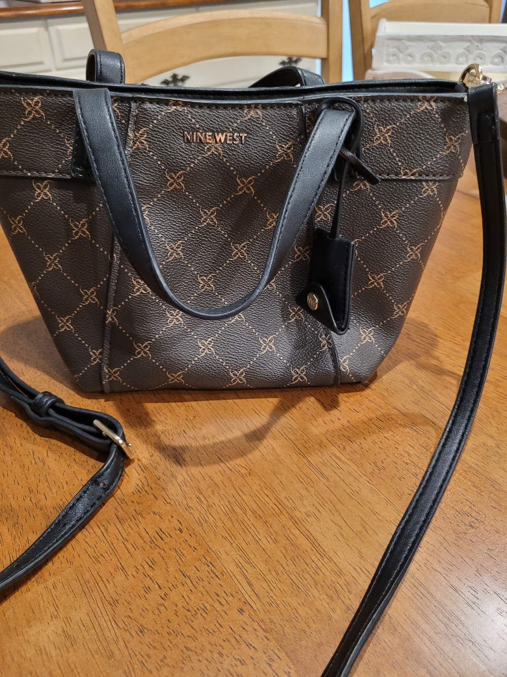 Small Nine West Brown & Black Patterned Tote Bag with Crossbody Strap